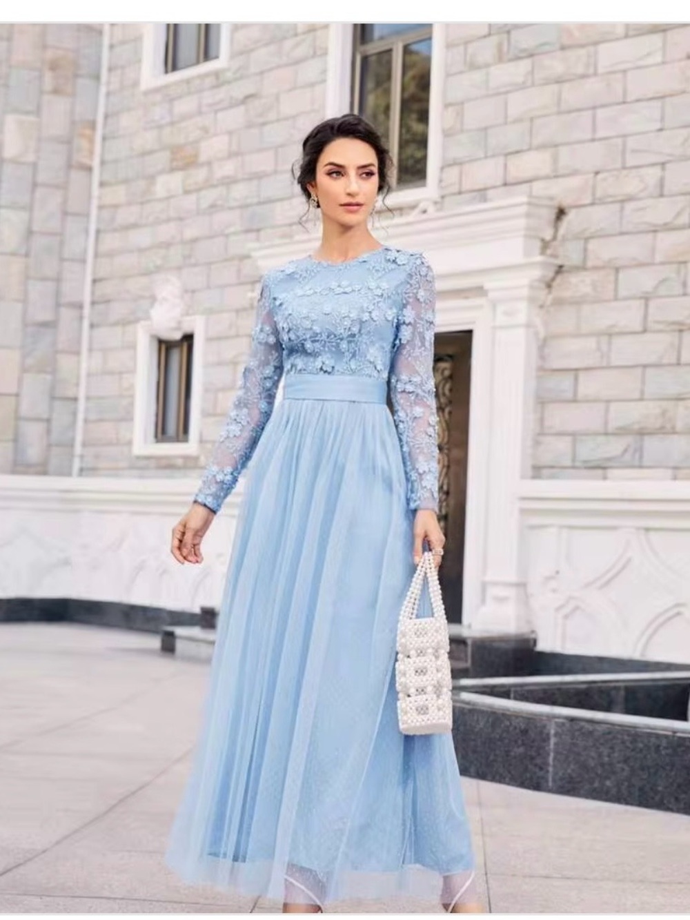 SHEIN Blue Lace Applique Long Sleeve Tulle Maxi Dress